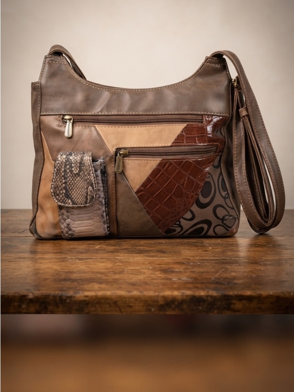 Multicolor Brown Patchwork Shoulder Bag with Multiple Pockets and Pouch